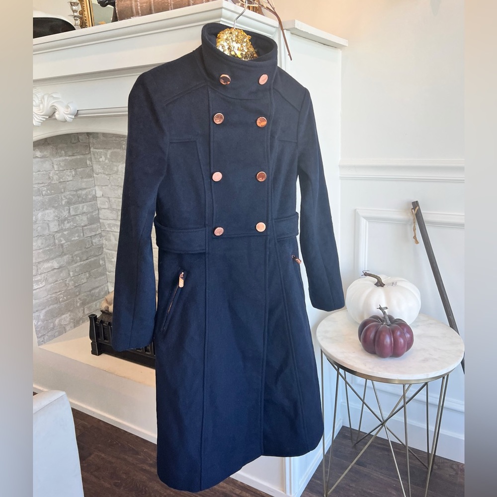Eliza J navy blue double breasted pea coat rose gold buttonS, size 0, NWOT